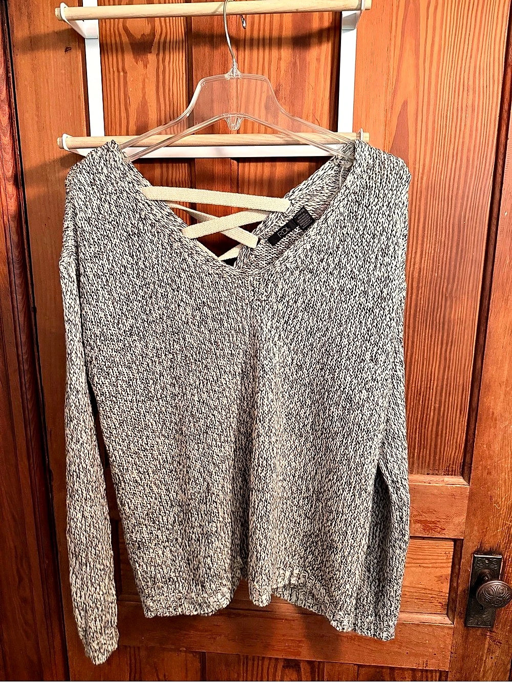 Gray & White Lace-Up Sweater